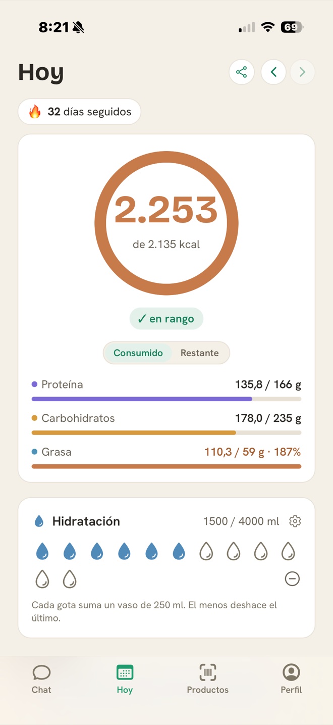 Pantalla Hoy de NutriCoach con anillo de calorías, macros y comidas
